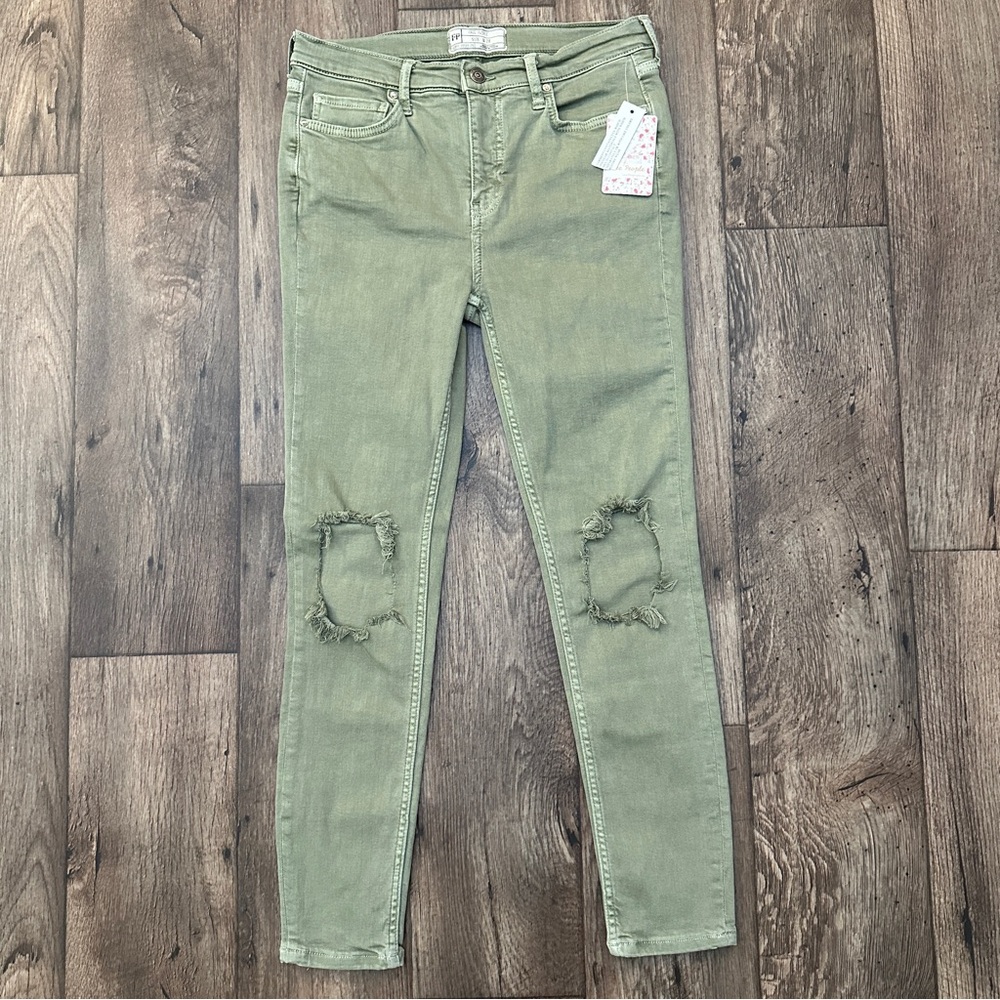 Free People Skinny Distressed Stretch Jeans Women's Size 28 Moss Green